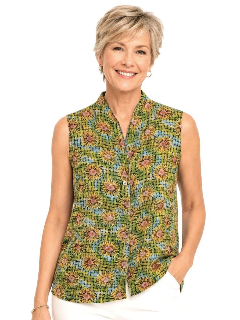 Ishyu Green Blue Yellow Pink Floral Silk Sleeveless Top